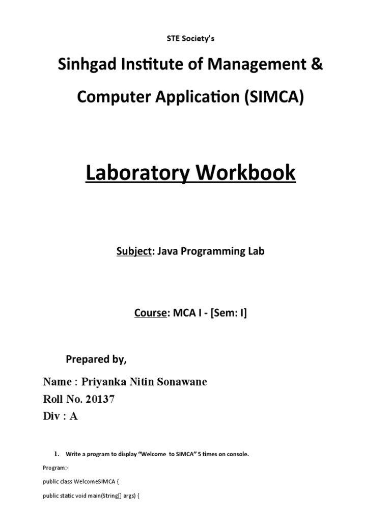 Java Programming Lab Workbook for MCA | PDF | Parameter (Computer ...