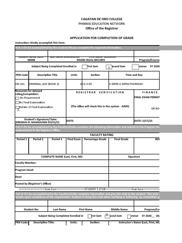 Phinma Cagayan De Oro Grade Completion Form | PDF | Privacy ...