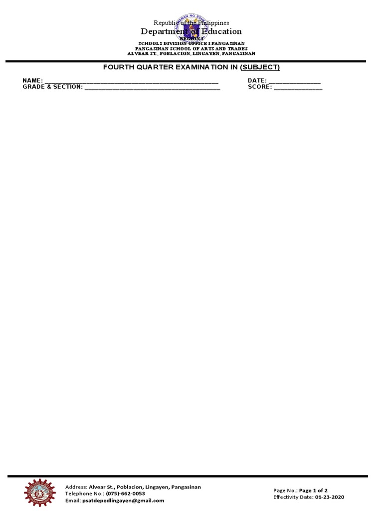Department of Education: Fourth Quarter Examination in (Subject) | PDF