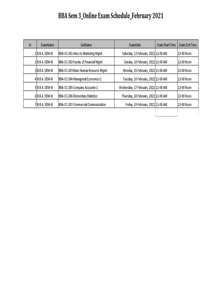BBA Sem 3 - Online Exam Schedule - February 2021 | PDF | Business