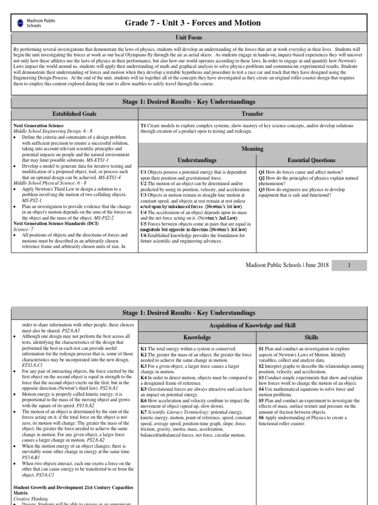 Grade 7 Forces and Motion Unit Guide | PDF | Engineering Design Process ...