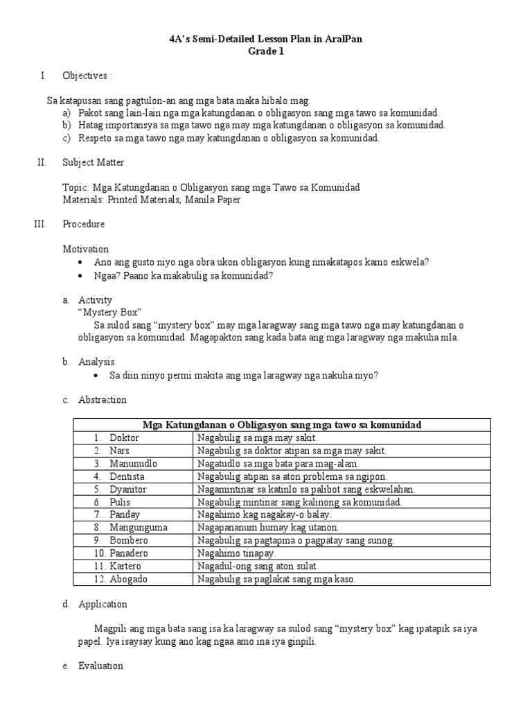 4a's Lesson Plan in AralPan Grade 1 (Hiligaynon) PDF