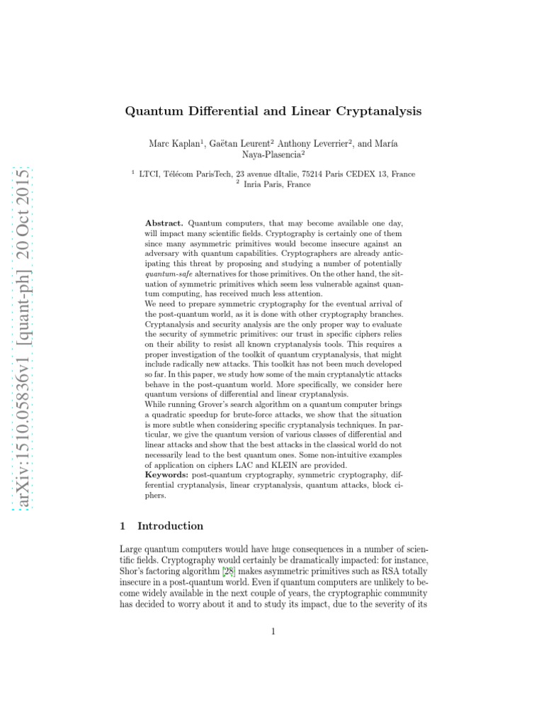 Quantum Differential and Linear Cryptanalysis PDF Cryptanalysis