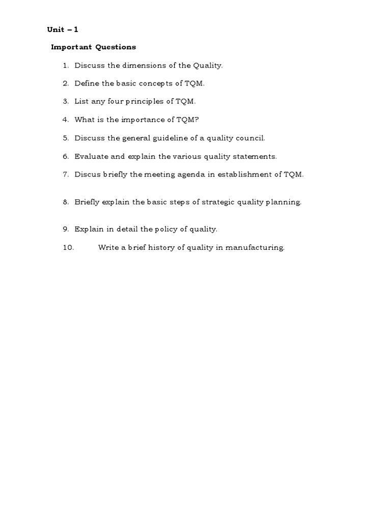 Key TQM Concepts and Important Questions | PDF | Quality Management ...