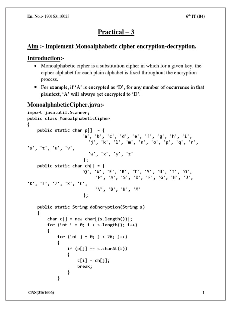Practical - 3: Aim:-Implement Monoalphabetic Cipher Encryption ...