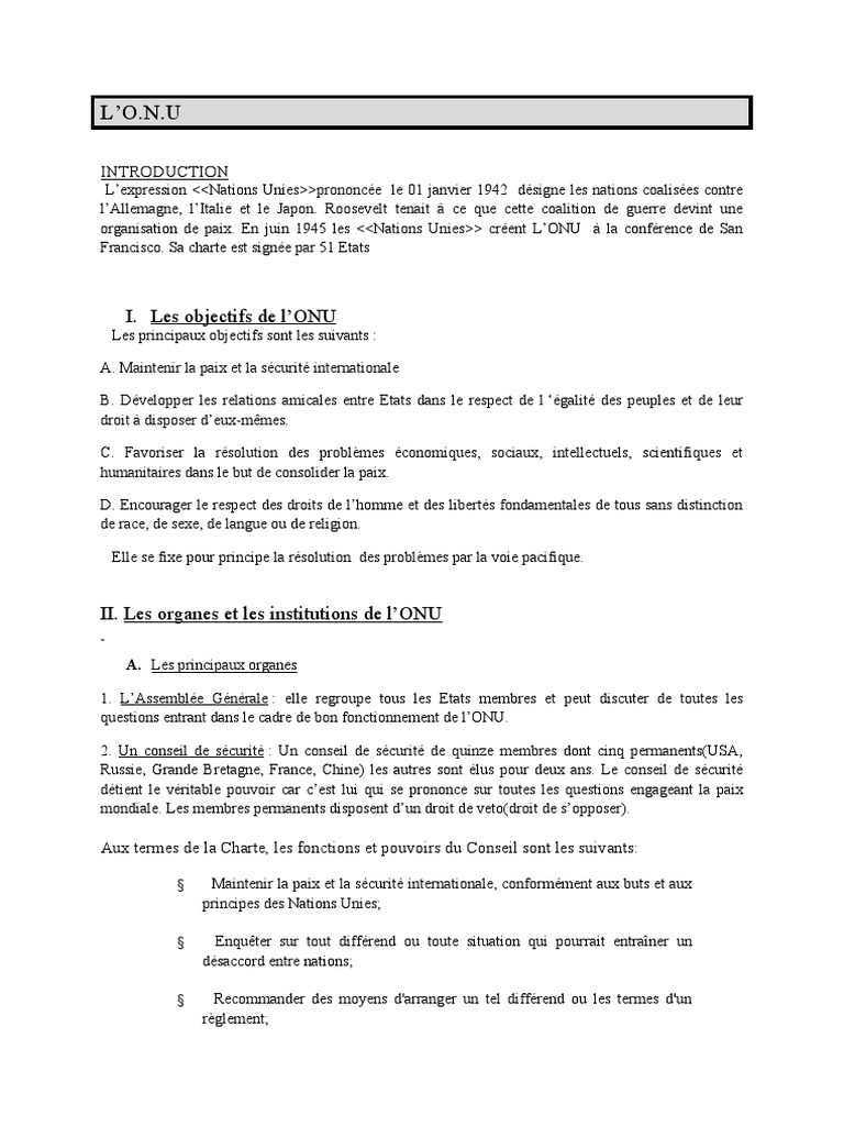L'O.N.U: I. Les Objectifs de l'ONU | PDF | Nations unies | Relations ...