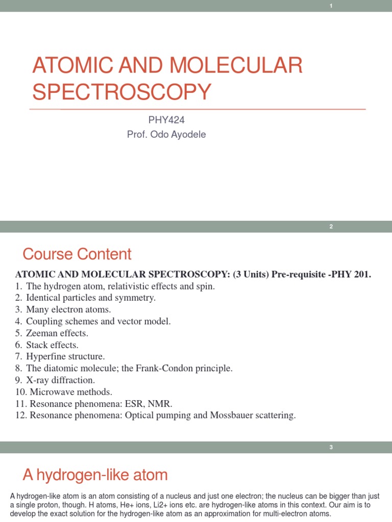 Atomic and Molecular Spectroscopy Lecture 1B PDF Equations Atoms