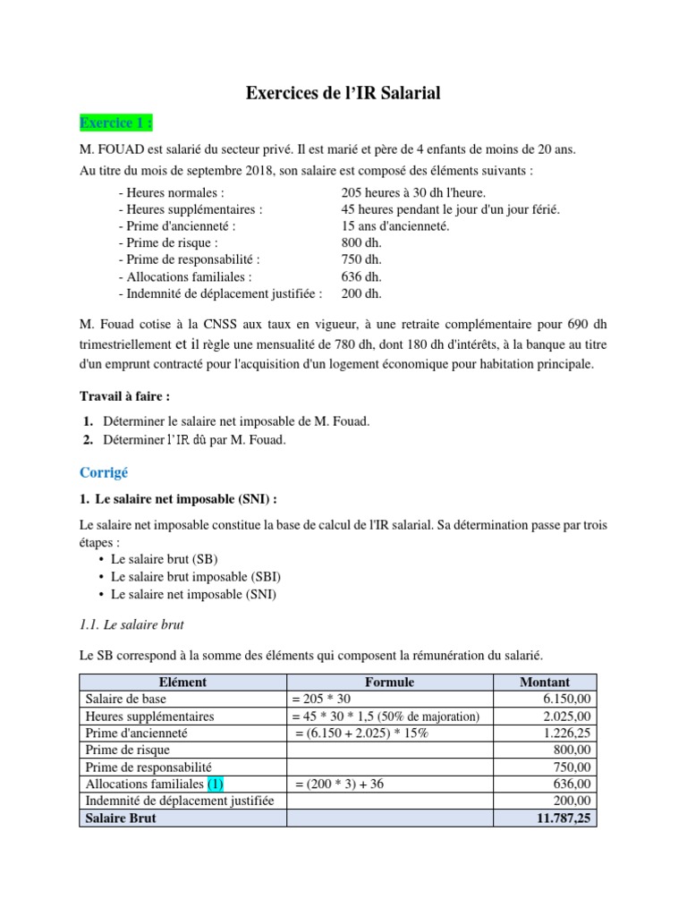 Exercices Et Corrigés Sur La Paie 2020 Pdf Exercices IR Salarial + Corrigé | PDF | Salaires | Heures supplémentaires