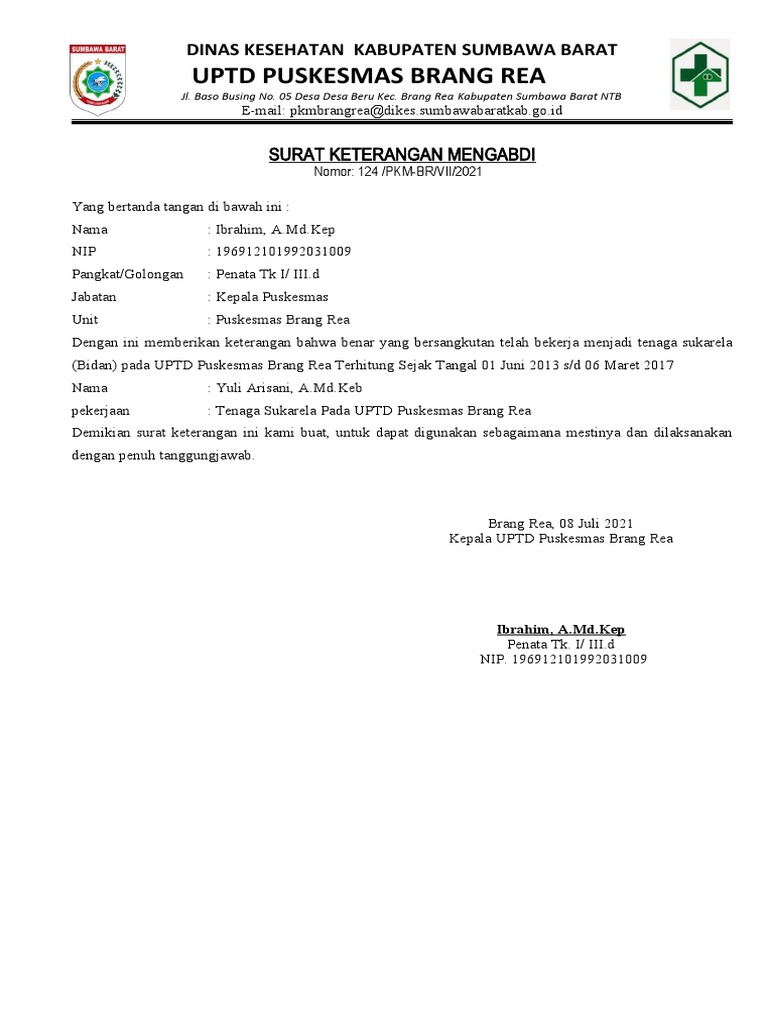 Surat Keterangan Mengabdi Puskesmas Brang Rea | PDF