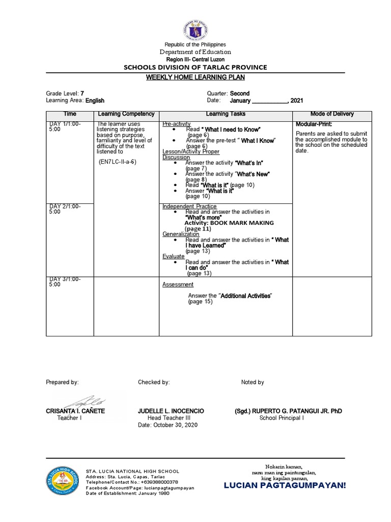 Grade 7 English Weekly Learning Plan | PDF | Applied Psychology | Learning