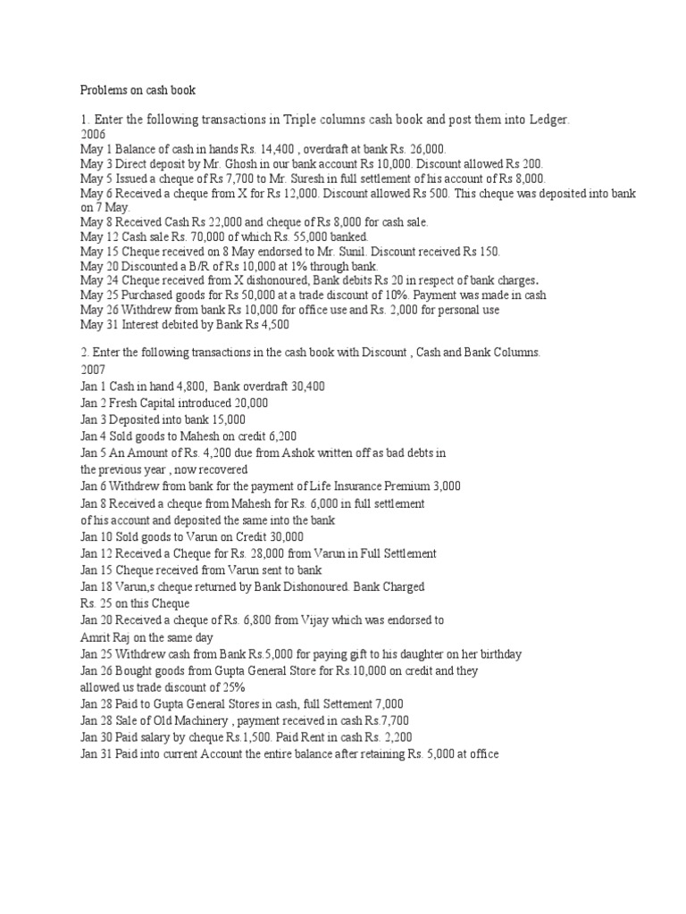 Cashbook and Brs Problems | PDF | Overdraft | Cheque