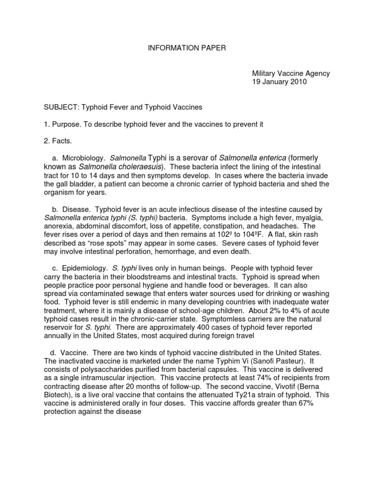 Typhoid Fever and Vaccine Overview | PDF