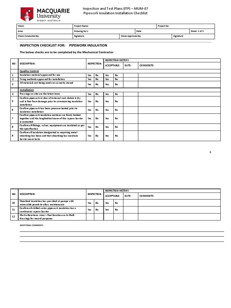 Pipework Insulation Inspection Checklist | PDF | Building Insulation ...