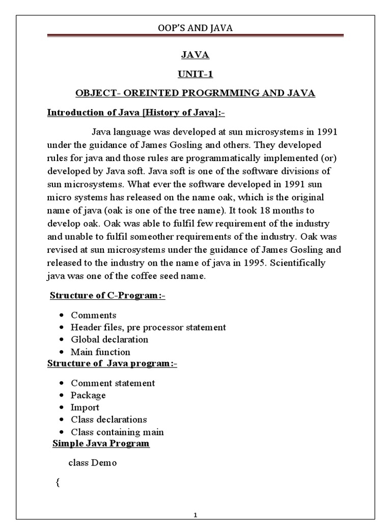 Java UNIT-1 Object-Oreinted Progrmming and Java Introduction of Java ...