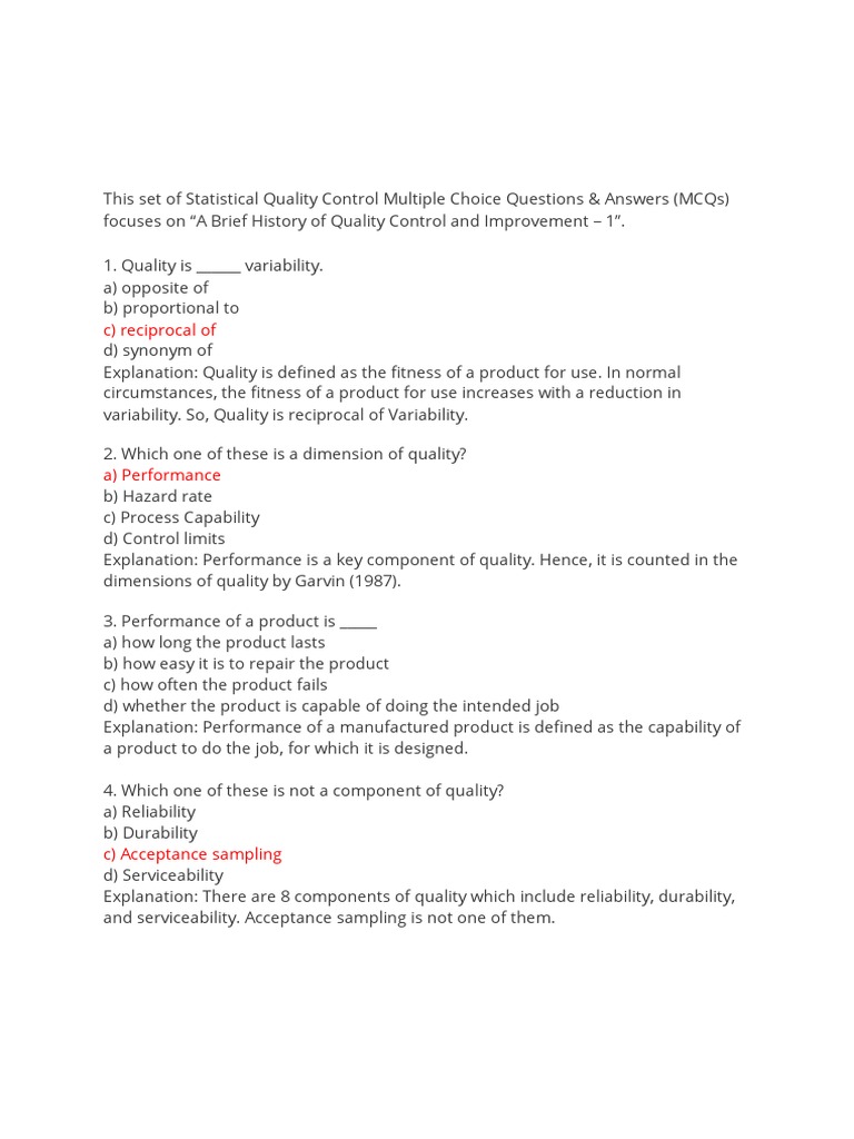 This Set of Statistical Quality Control Multiple Choice Questions | PDF ...