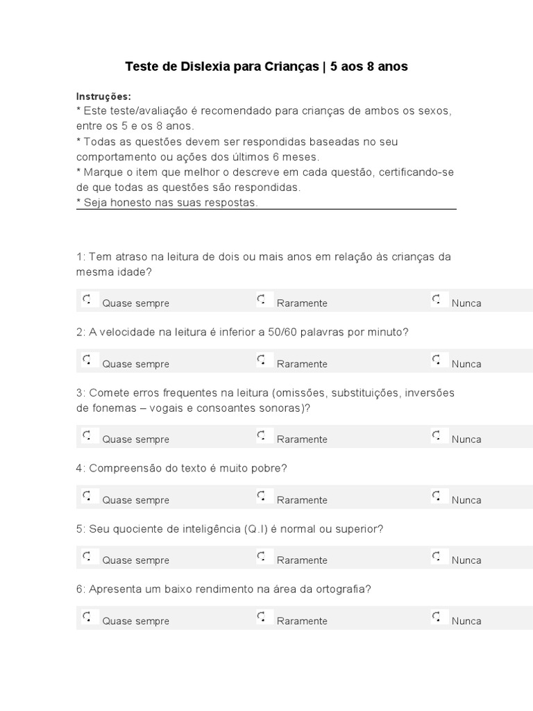 Teste de Dislexia para Crianças | PDF