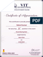 Certificate of Appreciation: Rahul Kumar