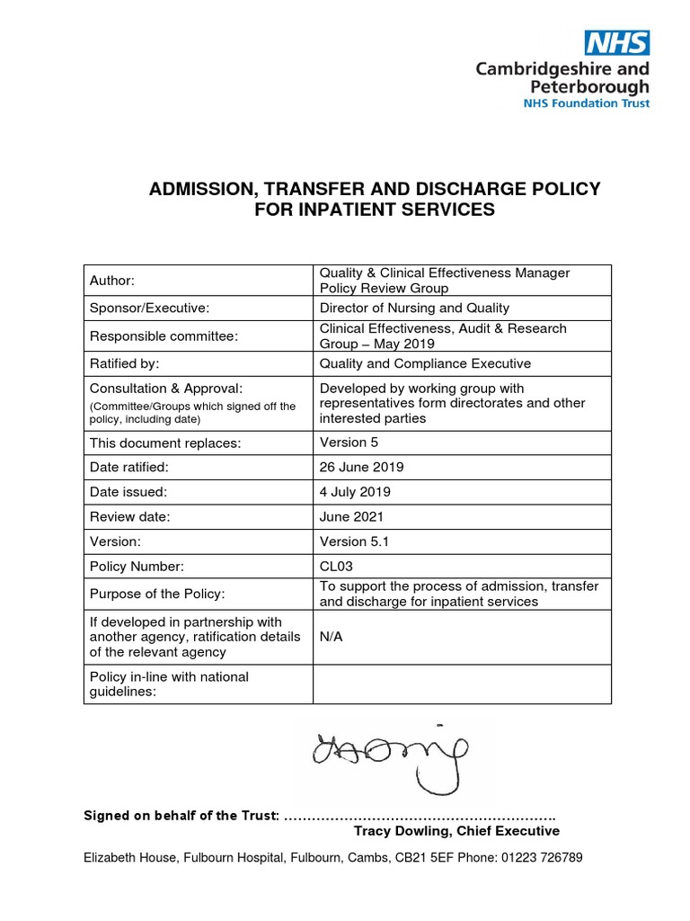 Admission Transfer Discharge Policy V5.1 | PDF | Patient | Caregiver