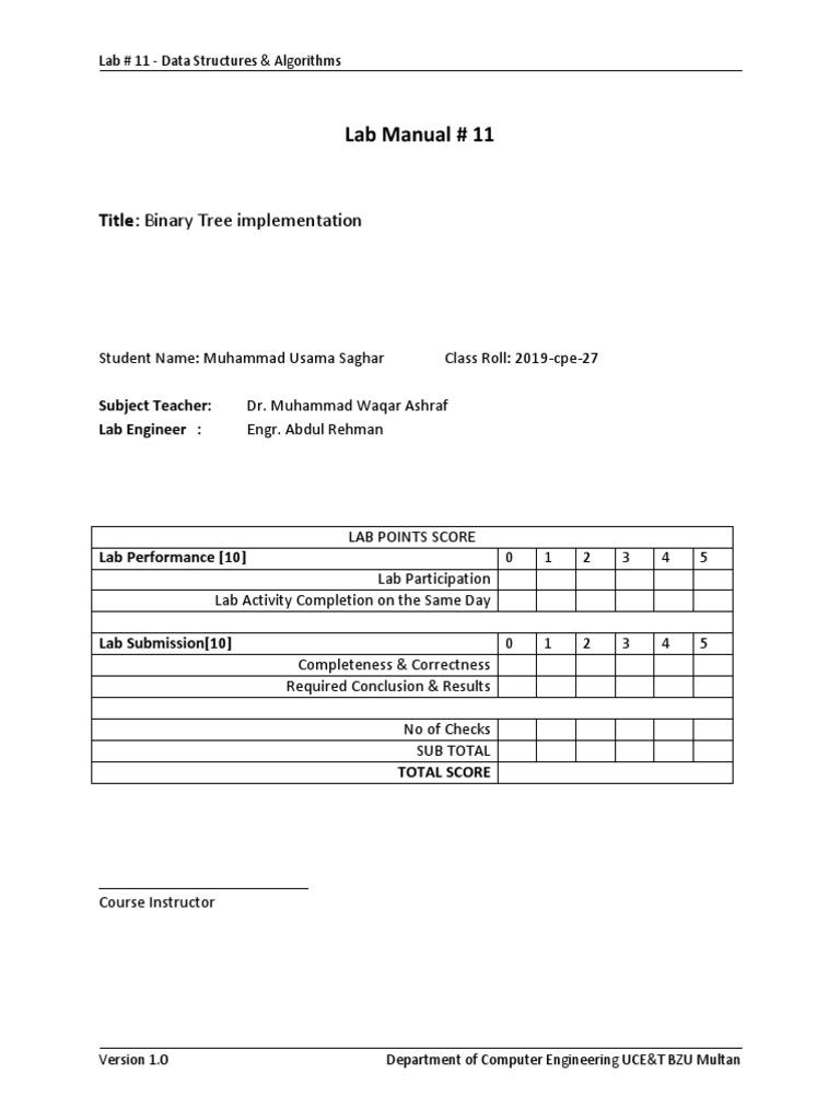 Lab Manual # 11: Title: Binary Tree Implementation | PDF | Pointer ...