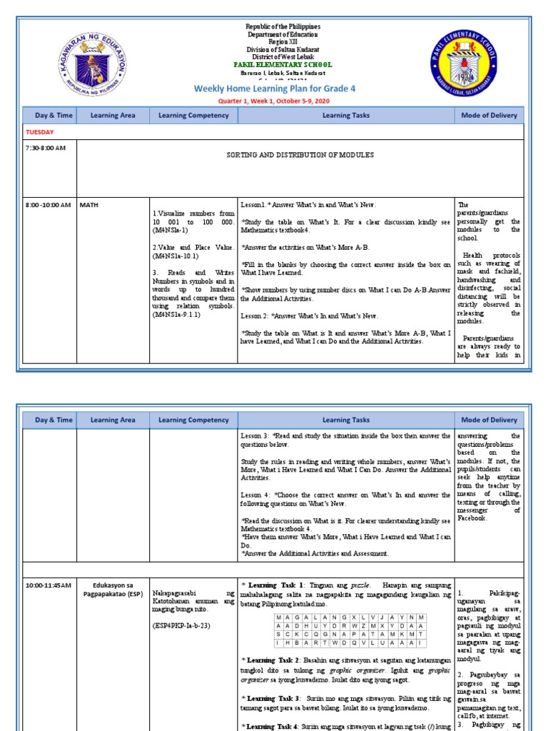 Grade 4 Weekly Learning Plan: Q1 W1 | PDF | Applied Psychology ...