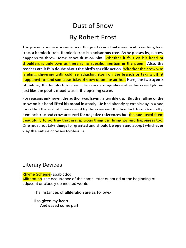 Dust of Snow by Robert Frost Literary Devices PDF Poetry