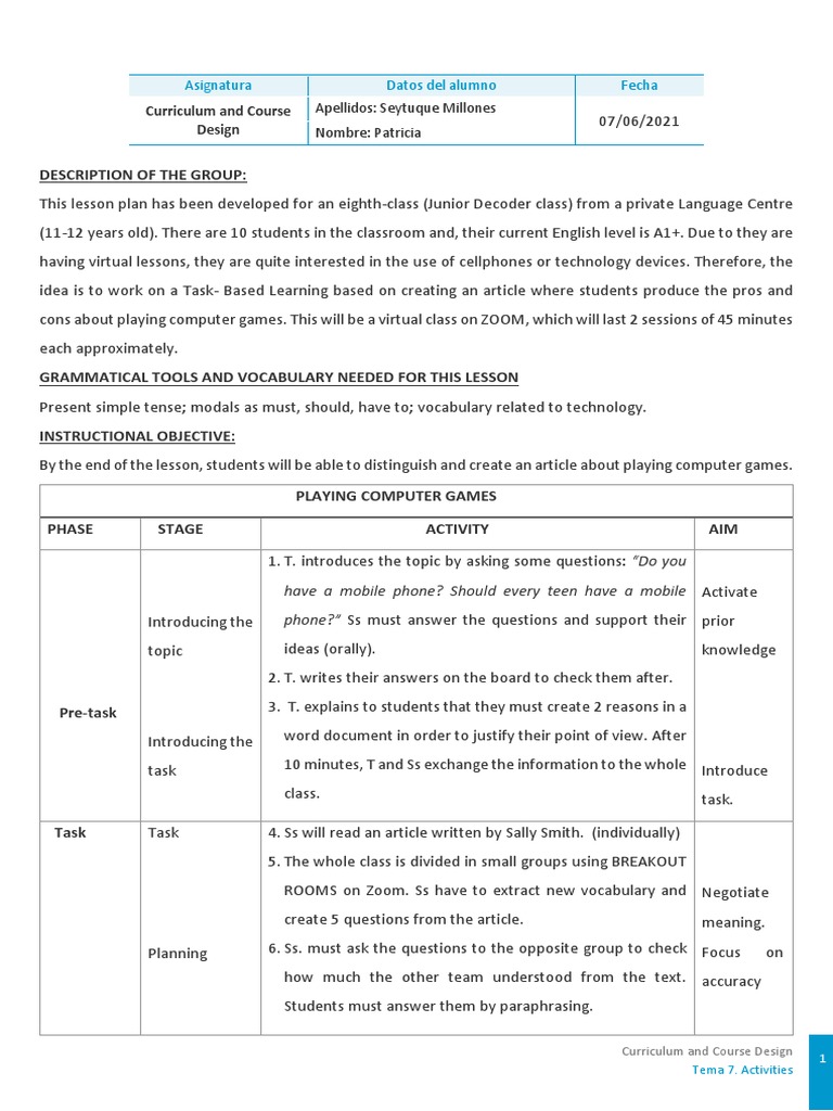 Eighth Grade Lesson Plan: Computer Games | PDF | Reading Comprehension ...