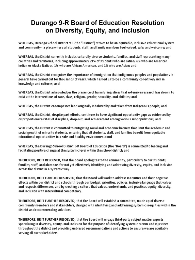 Signed Durango 9R Resolution On Equity PDF Multiculturalism