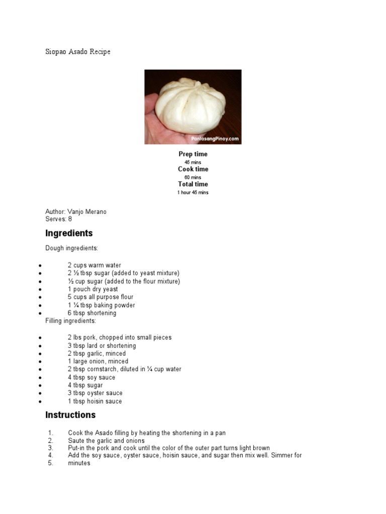 Siopao Asado Recipe Ingredients PDF Shortening Sauce