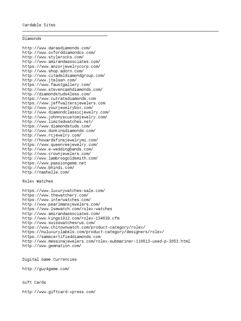 A Comprehensive List of Cardable sites Categorized by Product Type