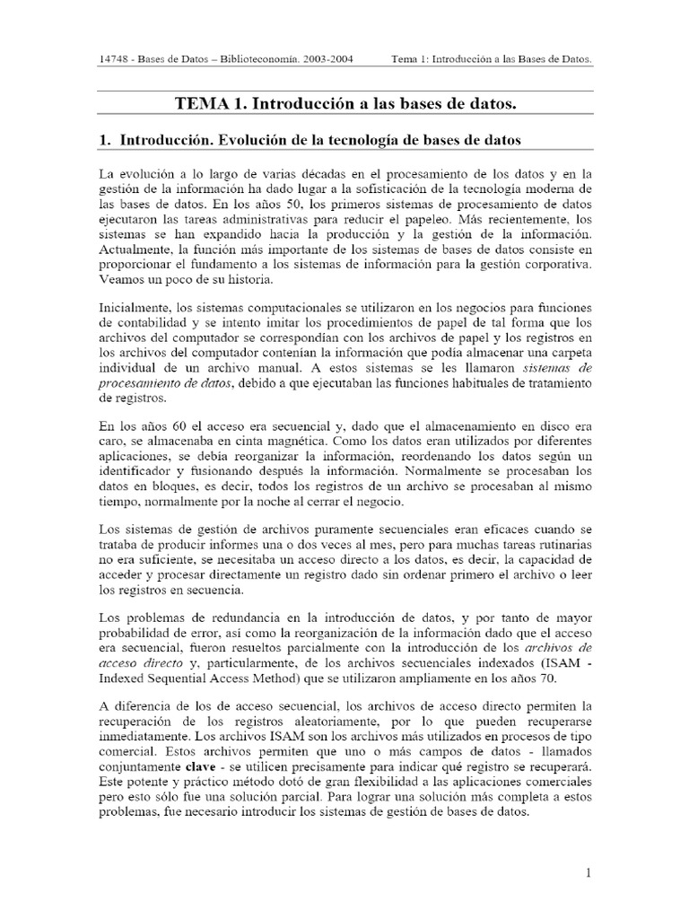 TEMA 1. Introducción A Las Bases de Datos. - PDF | PDF