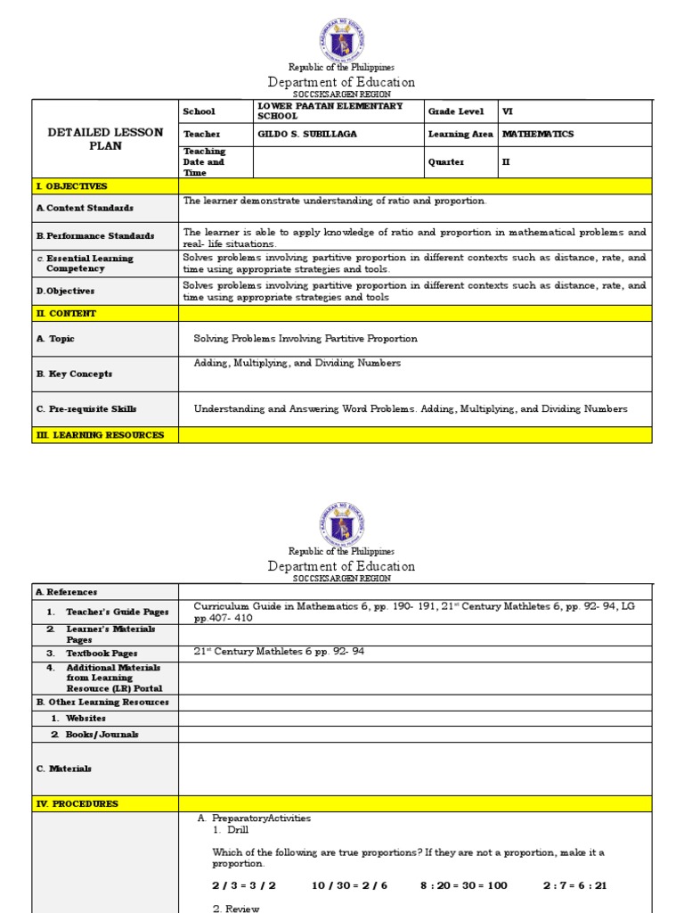 Grade 6 Detailed Lesson Plan on Ratios | PDF | Ratio | Learning