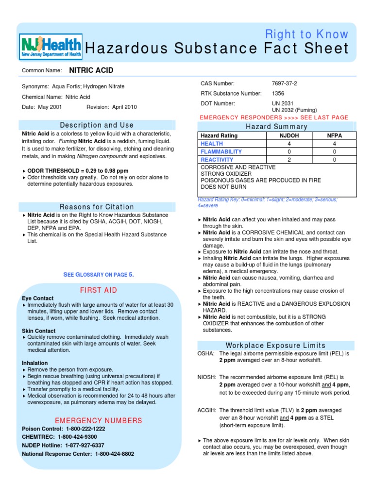 Hazards Fact Sheet of Nitric Acid PDF Nitric Acid Personal