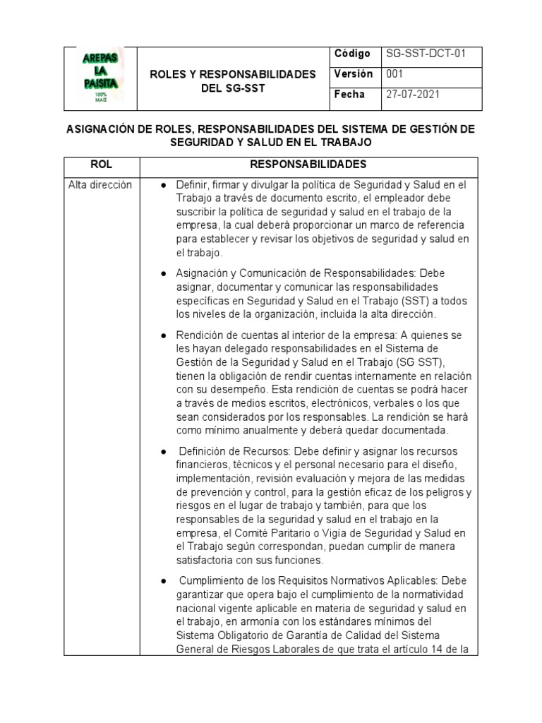 Roles y Responsabilidades en SG-SST | PDF | Seguridad y salud ...