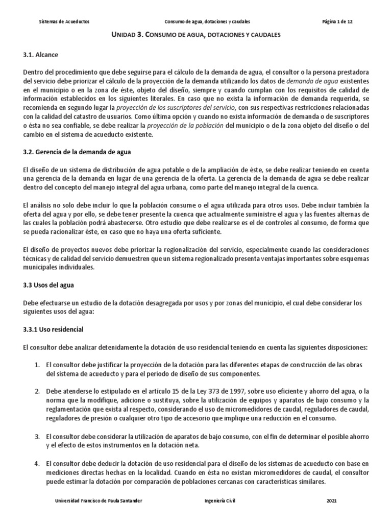 U3 Consumo de Agua Dotaciones Caudales | PDF | Agua potable | Descarga ...