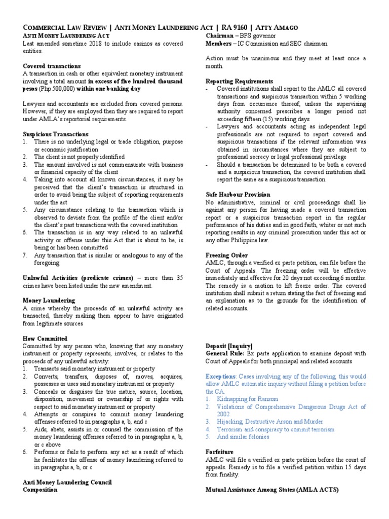 Commercial Law Review AMLA Notes | PDF | Money Laundering | Crime ...