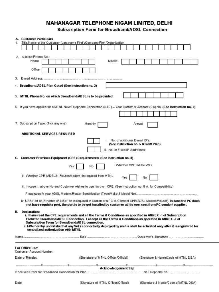 MTNL broadband form Customer Premises Equipment Internet Access