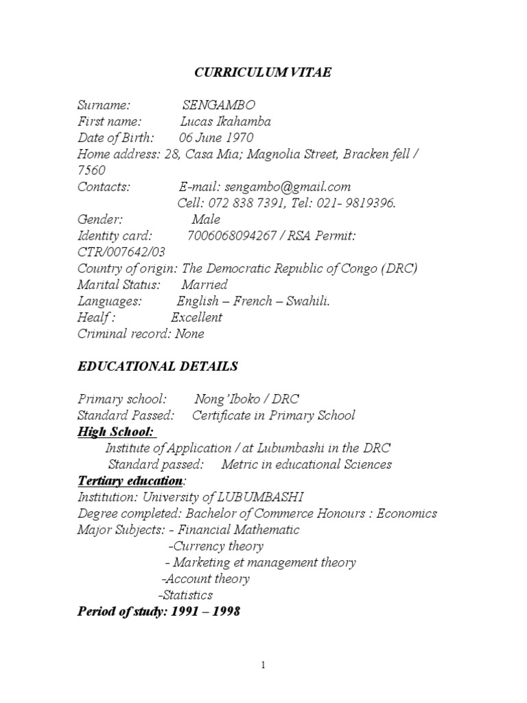 Curriculum Vitae | PDF | Democratic Republic Of The Congo