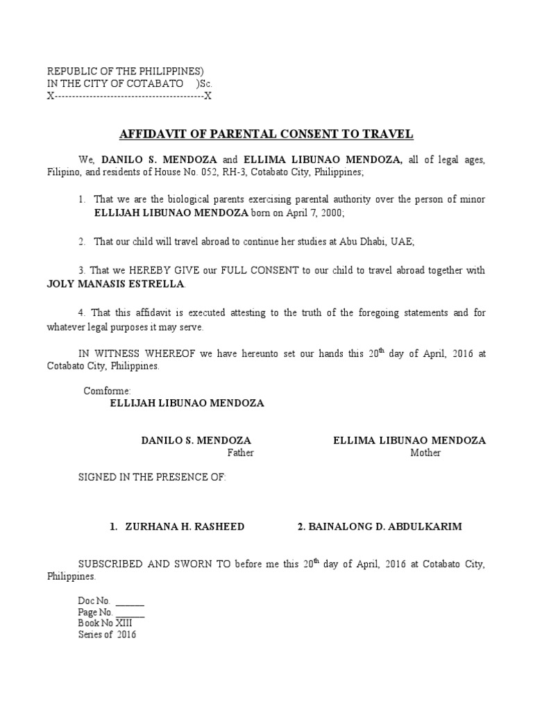 Affidavit of Parental Consent for Travel | PDF