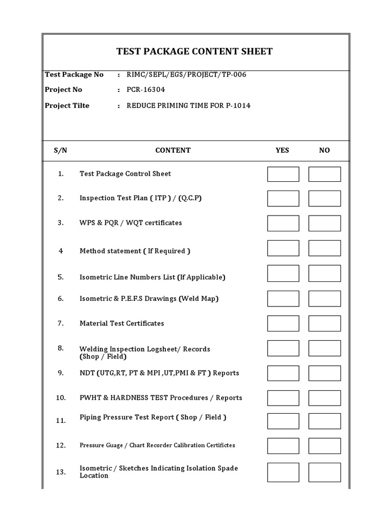 2.1 Test Package Content Sheet 1of2 | PDF