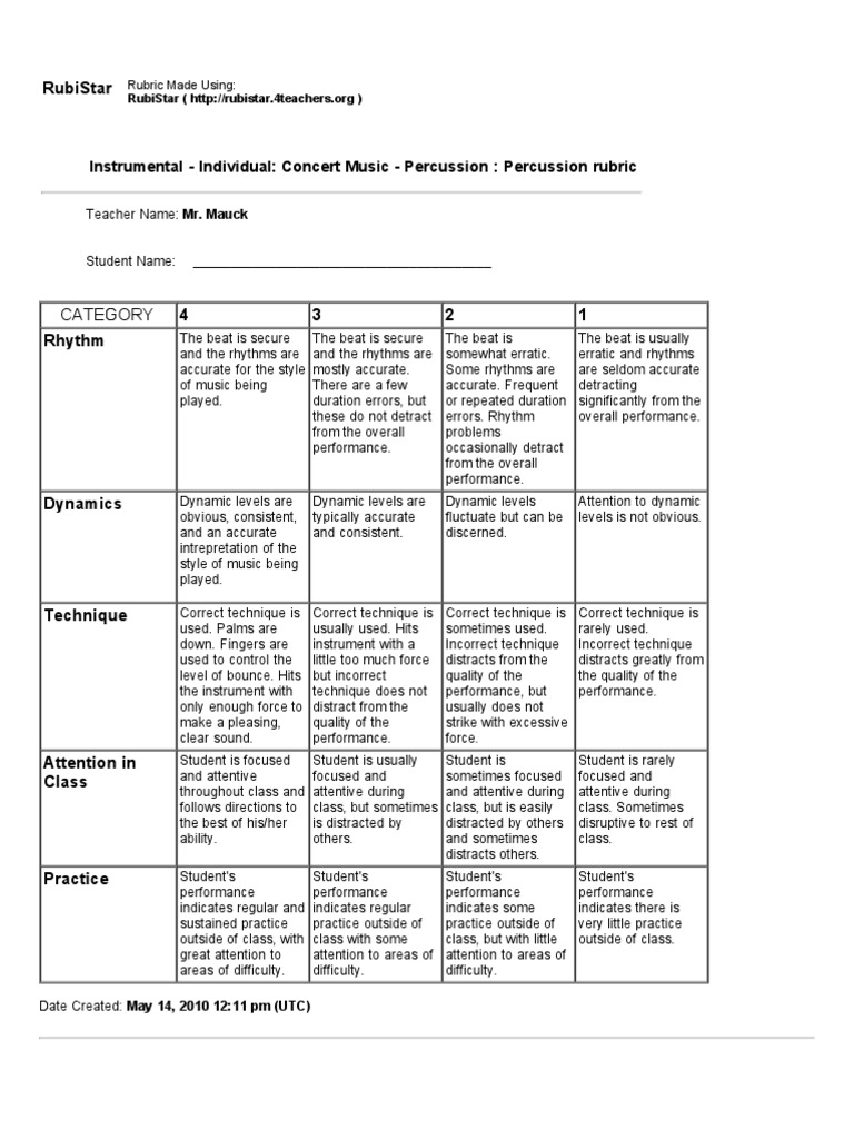 percussion rubric Learning Cognitive Science