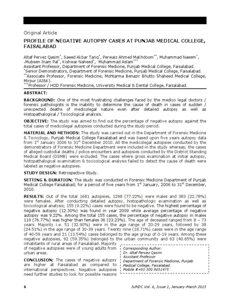 Profile of Negative Autopsy Cases at Punjab Medical College, Faisalabad