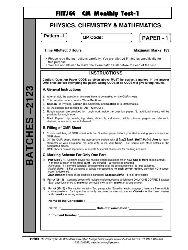 FIITJEE CM Monthly Test Paper 2025 | PDF | Acceleration | Physical ...