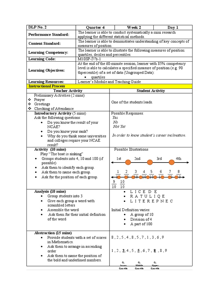 Deciles and Quartiles Lesson Plan | PDF | Percentile | Quartile