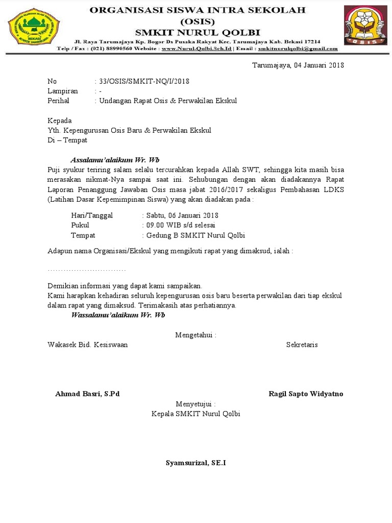 Surat Undangan Rapat Osis Ketua Ekskul Pdf