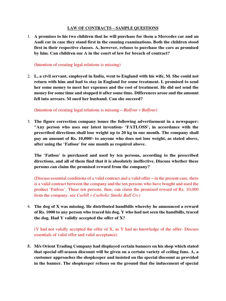 Law of Contracts - Sample Questions | PDF | Consideration | Private Law