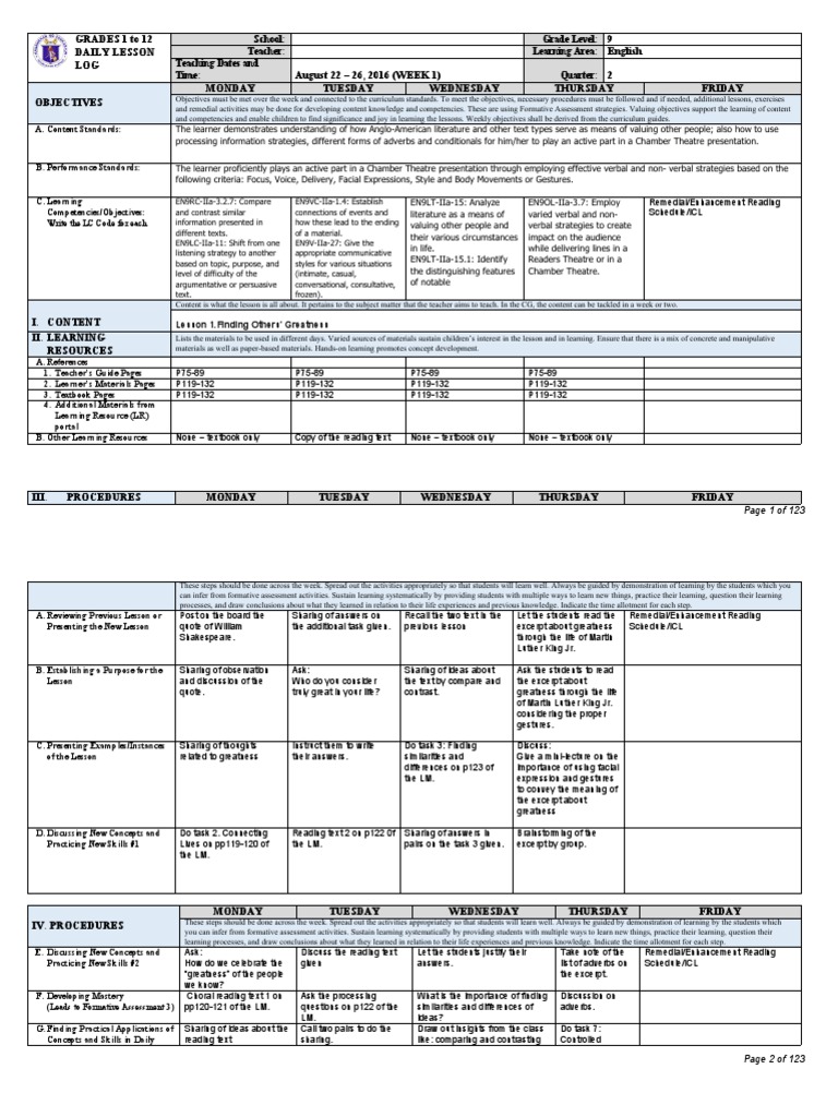 Week 1 English Lesson Plan for Grade 9 | PDF | Teachers | Learning