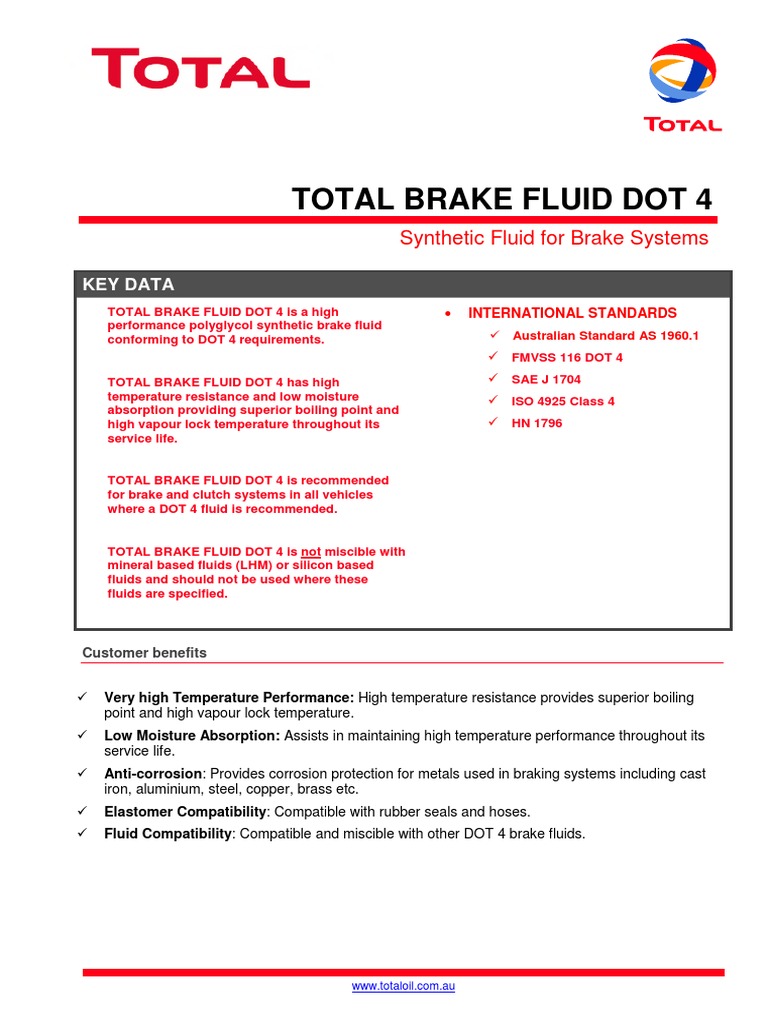 Total Brake Fluid Dot 4 Key Data PDF Materials Chemistry