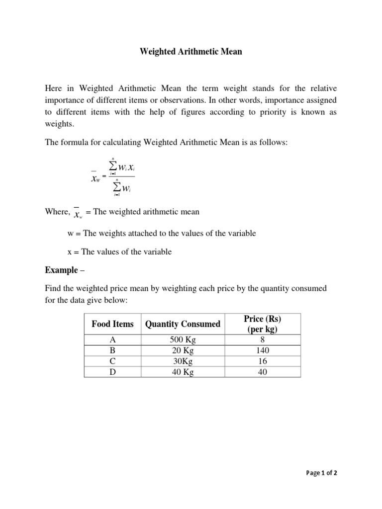 Unit1 Weighted Arithmetic Mean PDF Mean Applied Mathematics