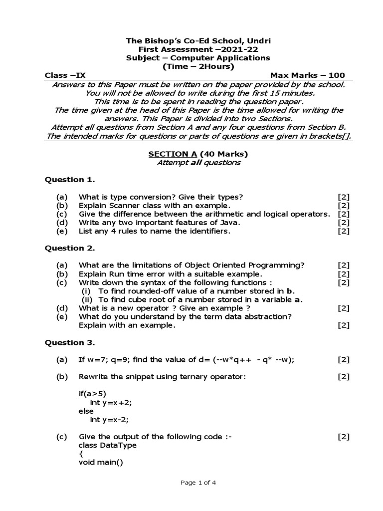 First Assessment Computer Applications Class 9 PDF Computer