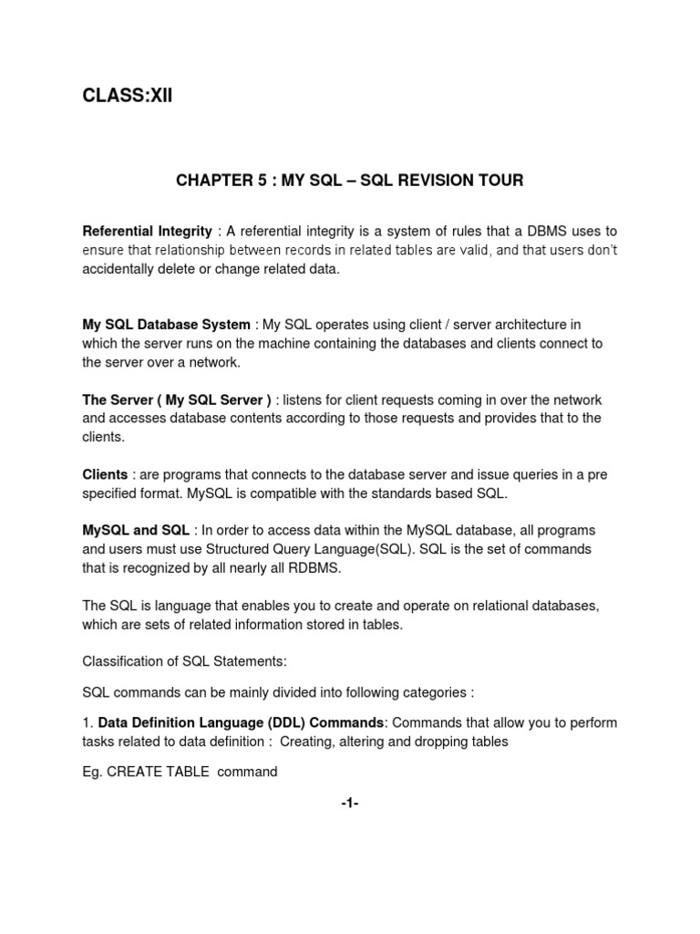 Class:Xii: Chapter 5: My SQL - SQL Revision Tour | PDF | Sql ...